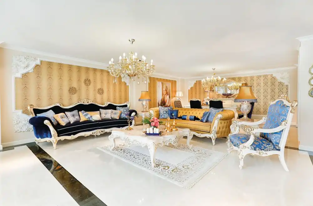 Zertifiziert Casa Padrino Luxus Barock Wohnzimmer Set Blau / Weiß / Gold - 2 Sofas & 2 Sessel & 1 Couchtisch & 2 Beistelltische - Wohnzimmer Möbel im Barockstil - Edel & Prunkvoll