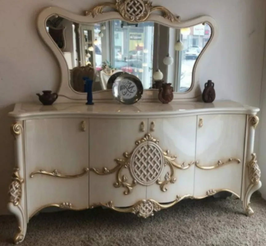 Casa Padrino Luxus Barock Möbel Set Sideboard mit Spiegel Weiß / Gold 215 x 60 x H. 105 cm - Prunkvoller Massivholz Schrank mit 4 Türen und elegantem Wandspiegel - Möbel im Barockstil Saisonangebot