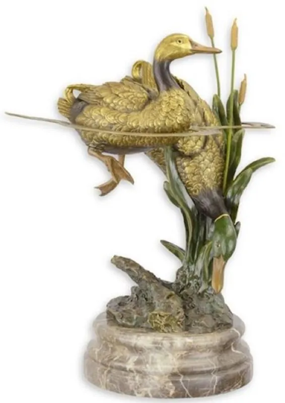Casa Padrino Luxus Bronzefigur Enten im Teich Gold / Mehrfarbig / Grau 35,8 x 31,6 x H. 51,3 cm - Bronze Skulptur mit Marmorsockel - Wohnzimmer Deko Nur Für Kurze Zeit