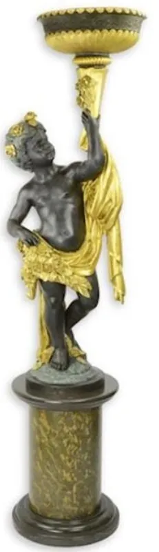 Casa Padrino Barock Statue mit Blumentopf linke Hand und Sockel Bronzefarben / Grau / Gold H. 201 cm - Prunkvolle Bronze Skulptur - Dekofigur im Barockstil - Barock Deko Accessoires Kracherpreis