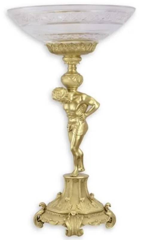 Casa Padrino Barock Glasschale mit Bronze Ständer Gold Ø 32,7 x H. 56,4 cm - Prunkvolle Obstschale - Barock Deko Accessoires Preisreduziert