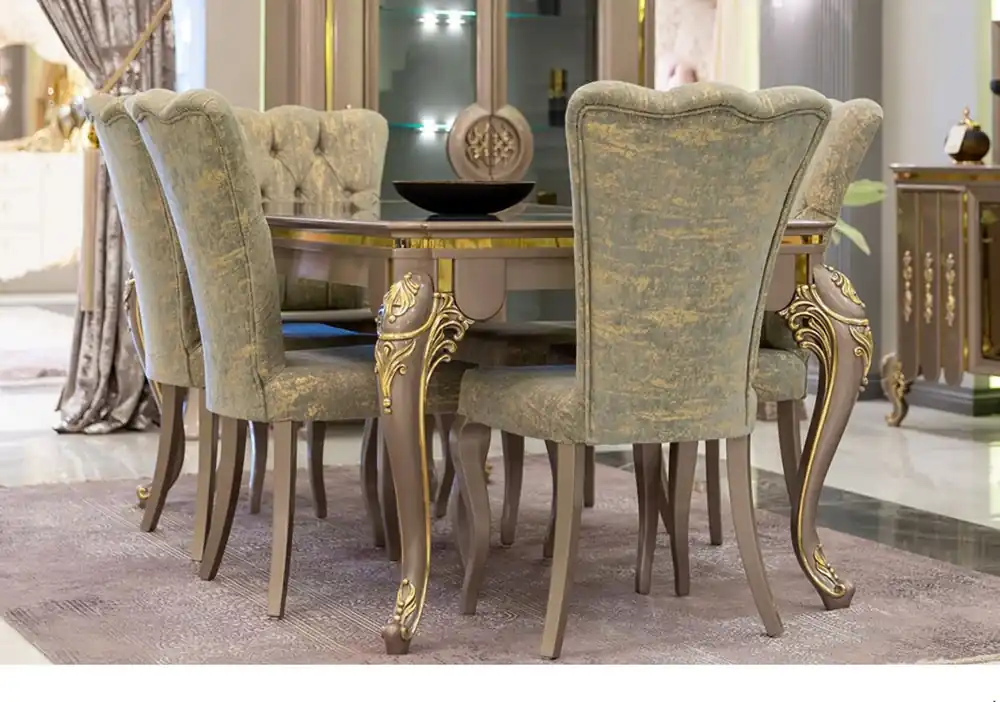 Sonderaktion Casa Padrino Luxus Barock Esszimmer Set Grün / Gold / Grau - 1 Esstisch & 6 Esszimmerstühle - Prunkvolle Esszimmermöbel im Barockstil - Luxus Qualität