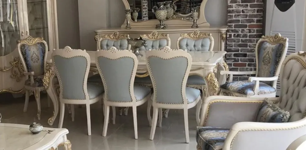 Casa Padrino Luxus Barock Esszimmer Set Hellblau / Dunkelblau / Weiß / Gold - 1 Esstisch & 8 Esszimmerstühle - Prunkvolle Esszimmermöbel im Barockstil - Luxus Qualität Begrenztes Angebot