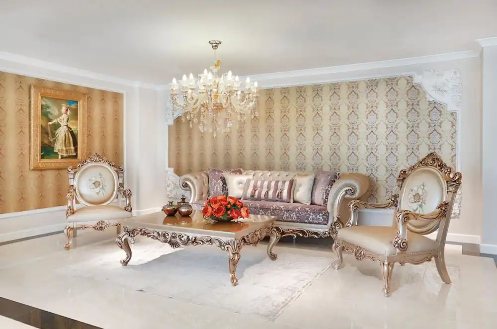 Jetzt Kaufen Casa Padrino Luxus Barock Wohnzimmer Set Lila / Creme / Beige / Kupferfarben - 2 Sofas & 2 Sessel & 1 Couchtisch mit Glasplatte - Wohnzimmer Möbel im Barockstil - Edel & Prunkvoll