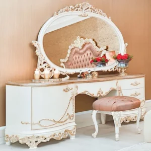 Knallerangebot Casa Padrino Luxus Barock Schlafzimmer Set Rosa / Weiß / Creme / Kupferfarben - 1 Schminkkommode & 1 Spiegel & 1 Hocker - Prunkvolle Schlafzimmer Möbel im Barockstil - Luxus Qualität