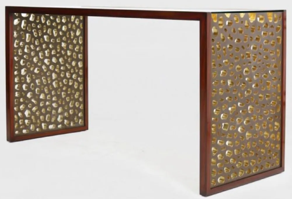 Casa Padrino Designer Schreibtisch mit Glasplatte Braun / Bronze / Gold 140 x 55 x H. 77 cm - Bürotisch - Computertisch - Luxus Büro Möbel Knallerangebot