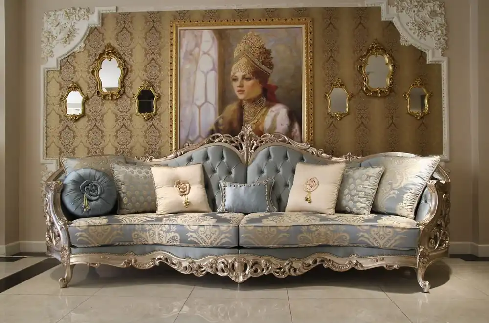 Casa Padrino Luxus Barock Wohnzimmer Sofa Hellblau / Beige / Silber 295 x 95 x H. 115 cm - Prunkvolles Sofa im Barockstil - Edle Barock Wohnzimmer Möbel Sichere Zahlung