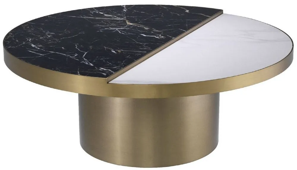 Neue Kollektion Casa Padrino Luxus Couchtisch Schwarz / Weiß / Messingfarben Ø 89 x H. 55,5 cm - Runder Edelstahl Wohnzimmertisch mit 2 halbrunden Keramikplatten - Wohnzimmer Möbel - Luxus Möbel