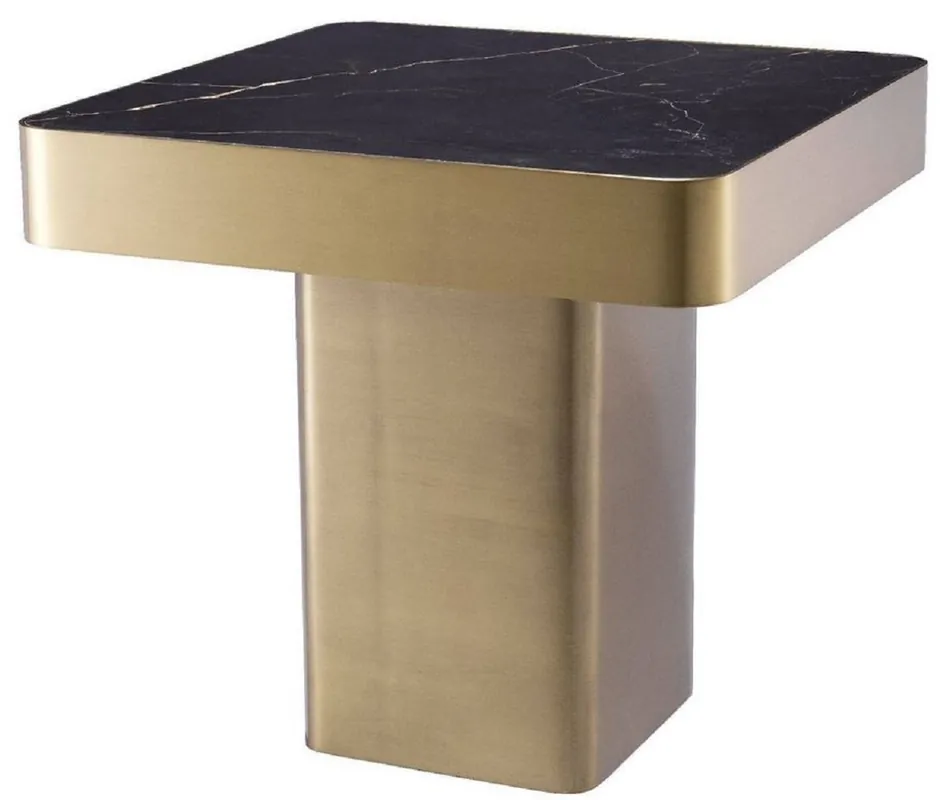 Casa Padrino Luxus Beistelltisch Schwarz / Messingfarben 50 x 50 x H. 47,5 cm - Quadratischer Edelstahl Tisch mit Keramikplatte - Wohnzimmer Möbel - Luxus Möbel Ausverkauf
