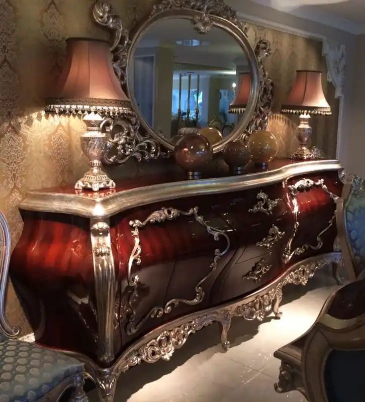 Casa Padrino Luxus Barock Möbel Set Sideboard mit Spiegel Dunkelbraun / Silber - Prunkvoller Massivholz Schrank mit elegantem Wandspiegel - Möbel im Barockstil Garantierte Lieferung