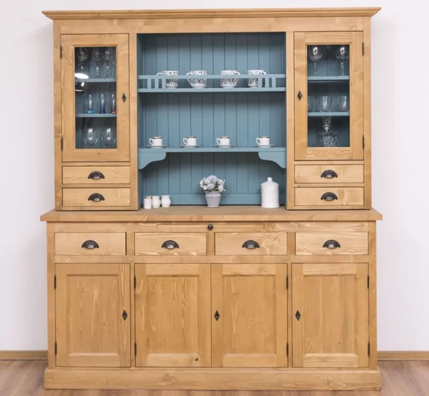 Casa Padrino Landhausstil Küchenschrank Naturfarben / Hellblau 180 x 50 x H. 197 cm - Massivholz Esszimmerschrank - Esszimmermöbel im Landhausstil Solange Der Vorrat Reicht