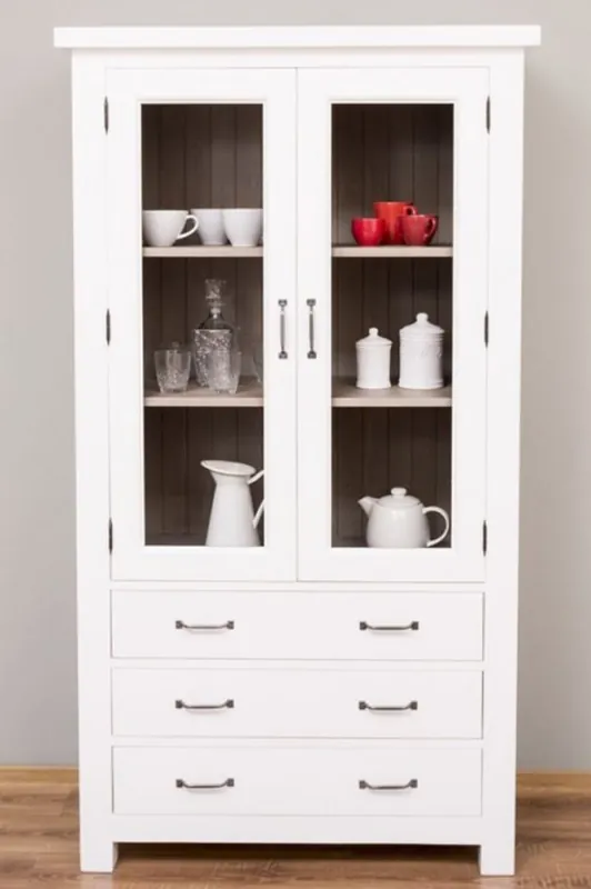 Casa Padrino Landhausstil Küchenschrank Weiß / Grau 100 x 50 x H. 180 cm - Massivholz Vitrinenschrank mit 2 Glastüren und 3 Schubladen - Landhausstil Küchen Möbel Mega-Angebot
