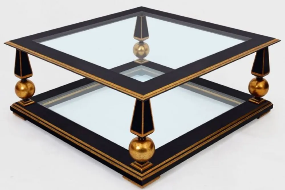 Casa Padrino Luxus Barock Couchtisch Schwarz / Antik Gold 113 x 113 x H. 47 cm - Prunkvoller Massivholz Wohnzimmertisch mit Glasplatten - Barock Wohnzimmer Möbel Abverkauf