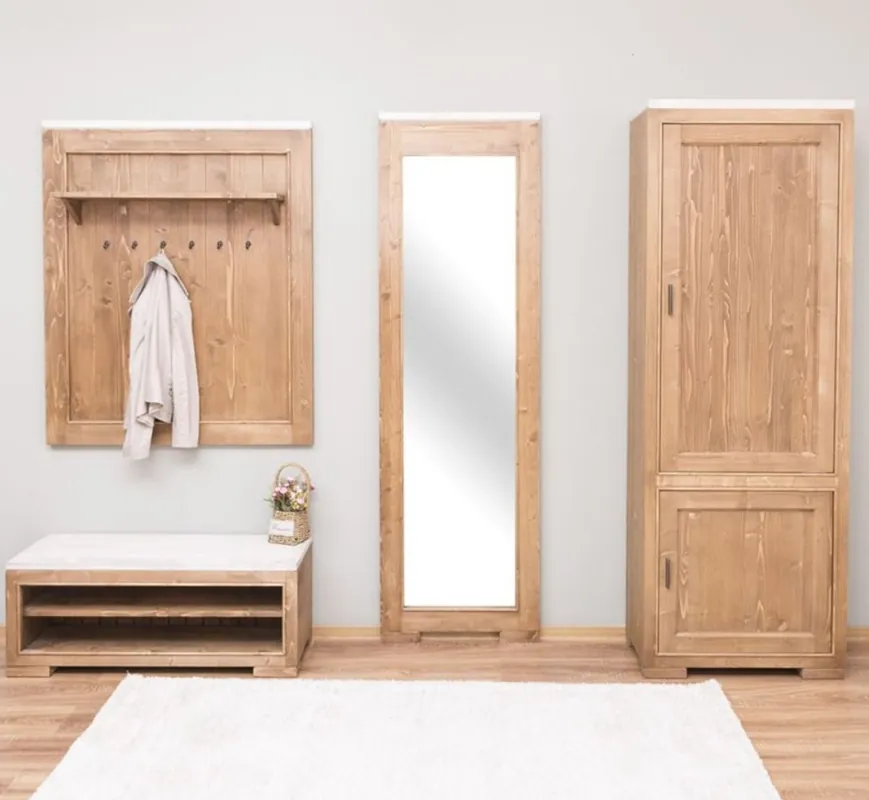 Direkt Vom Hersteller Casa Padrino Landhausstil Massivholz Garderobenmöbel Set Naturfarben / Weiß - 1 Garderobe & 1 Schuhschrank & 1 Wandspiegel & 1 Kleiderschrank - Landhausstil Möbel
