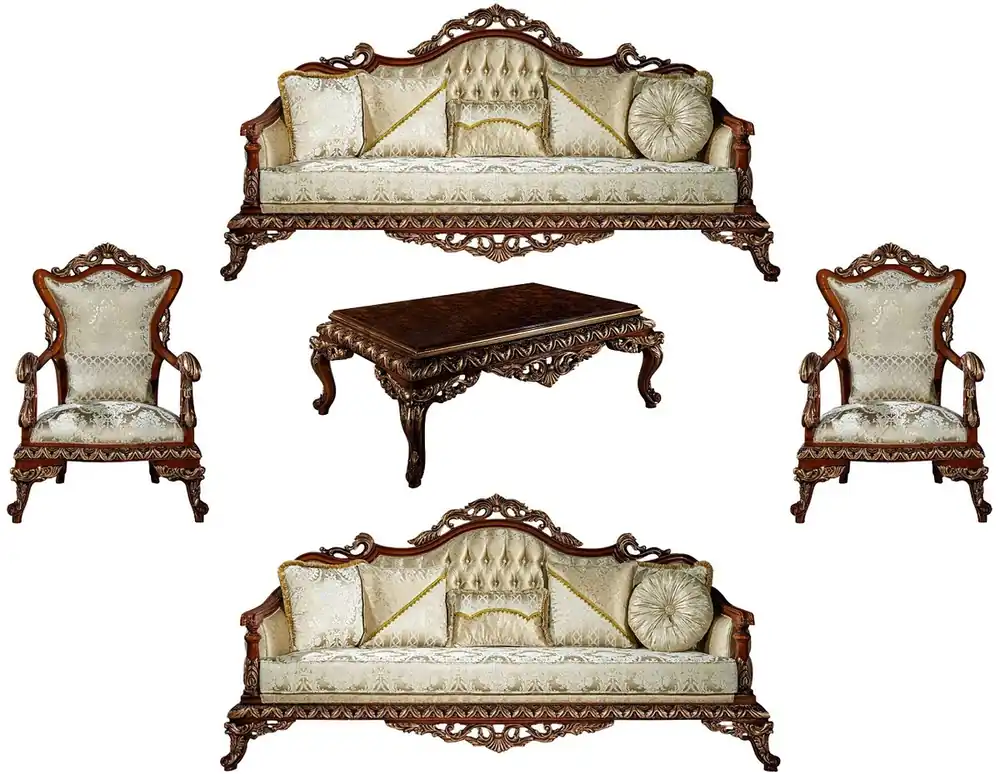 Direktkauf Casa Padrino Luxus Barock Wohnzimmer Set Gold / Braun / Bronze - 2 Sofas & 2 Sessel & 1 Couchtisch - Wohnzimmer Möbel im Barockstil - Edel & Prunkvoll