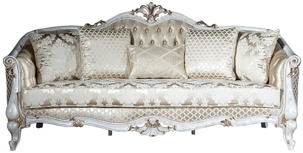 Must-Have Casa Padrino Luxus Barock Sofa Gold / Antik Weiß / Gold 250 x 90 x H. 112 cm - Wohnzimmer Sofa mit elegantem Muster und dekorativen Kissen - Barock Wohnzimmer Möbel