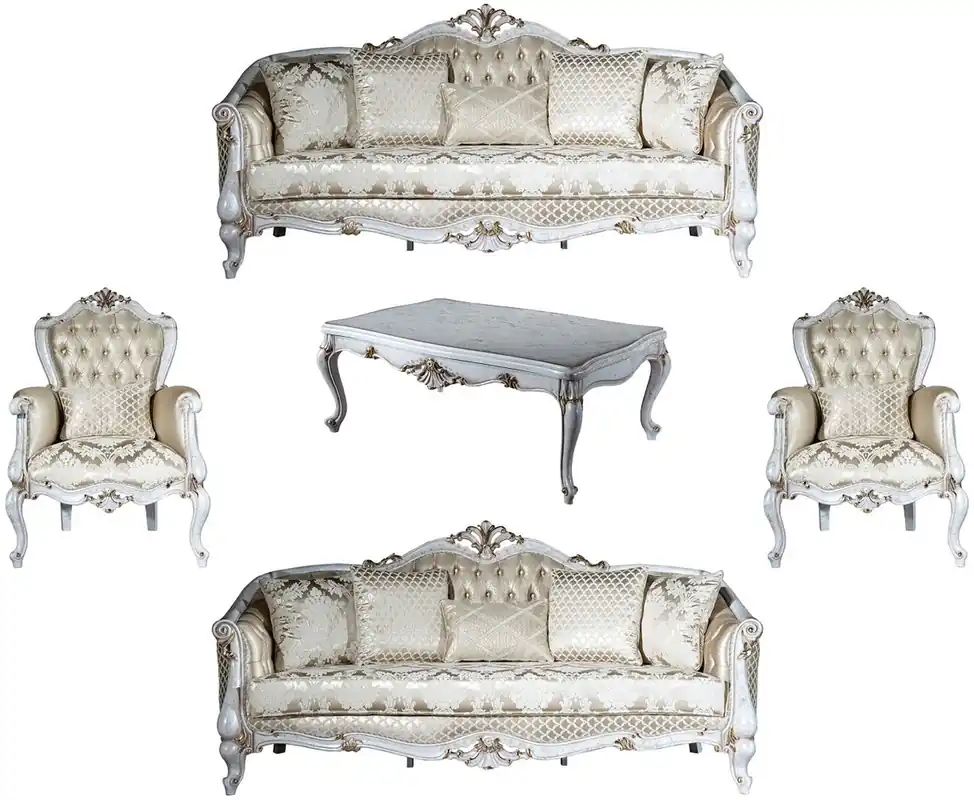 Casa Padrino Luxus Barock Wohnzimmer Set Gold Muster / Antik Weiß / Gold - 2 Sofas & 2 Sessel & 1 Couchtisch - Wohnzimmer Möbel im Barockstil - Edel & Prunkvoll Meistverkauft