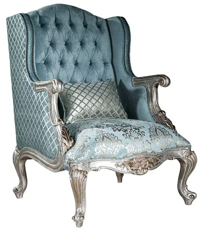 Günstig Casa Padrino Luxus Barock Ohrensessel Hellblau / Silber / Gold 77 x 80 x H. 113 cm - Wohnzimmer Sessel mit elegantem Muster und dekorativem Kissen - Barock Wohnzimmer Möbel