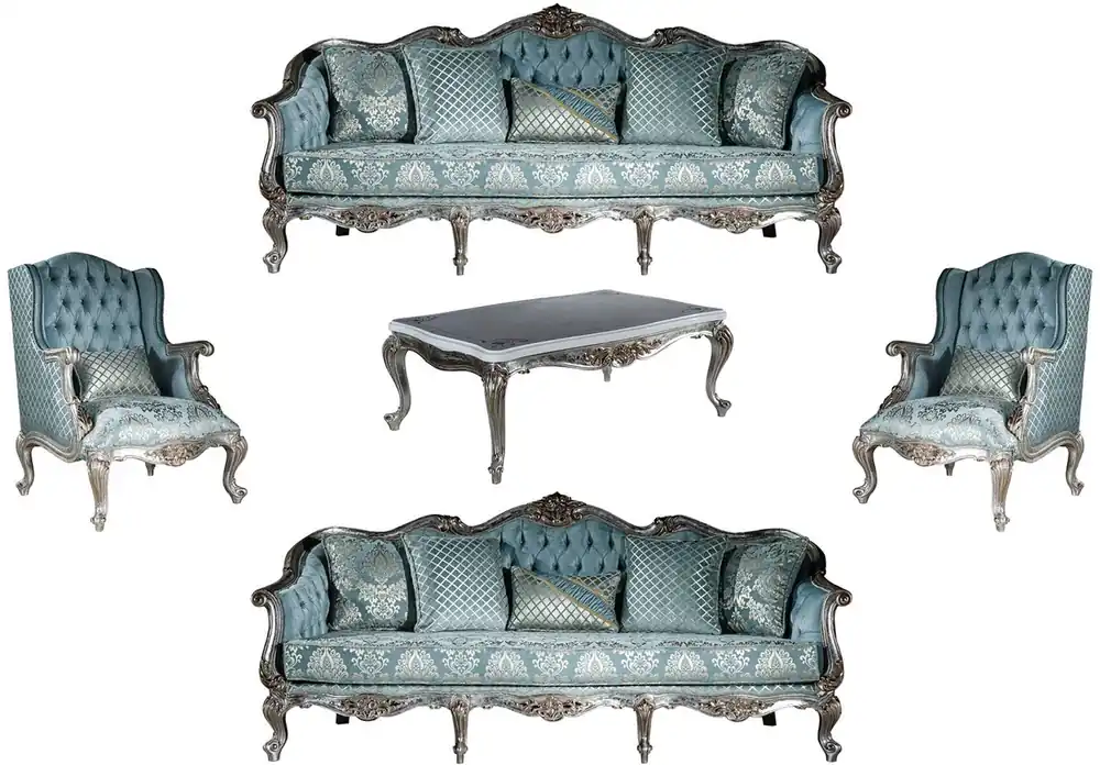 Highlight Casa Padrino Luxus Barock Wohnzimmer Set Hellblau / Silber - 2 Sofas & 2 Sessel & 1 Couchtisch - Prunkvolle Wohnzimmer Möbel im Barockstil