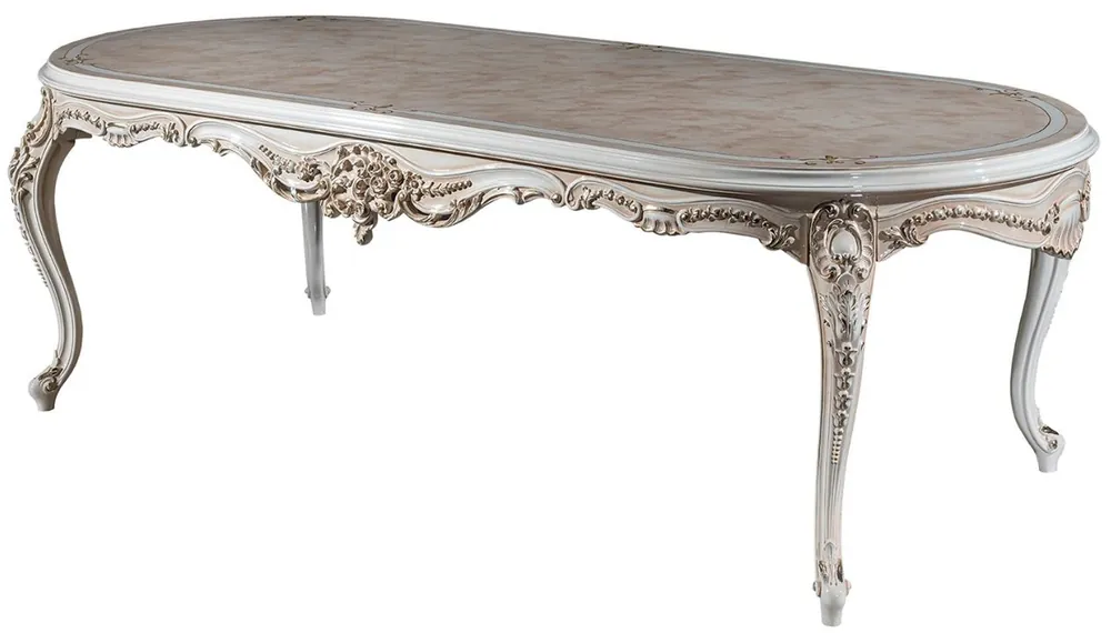 Casa Padrino Luxus Barock Esstisch Beige / Weiß / Gold 247 x 110 x H. 80 cm - Ovaler Massivholz Esszimmertisch - Barock Esszimmer Möbel - Edel & Prunkvoll Sonderaktion