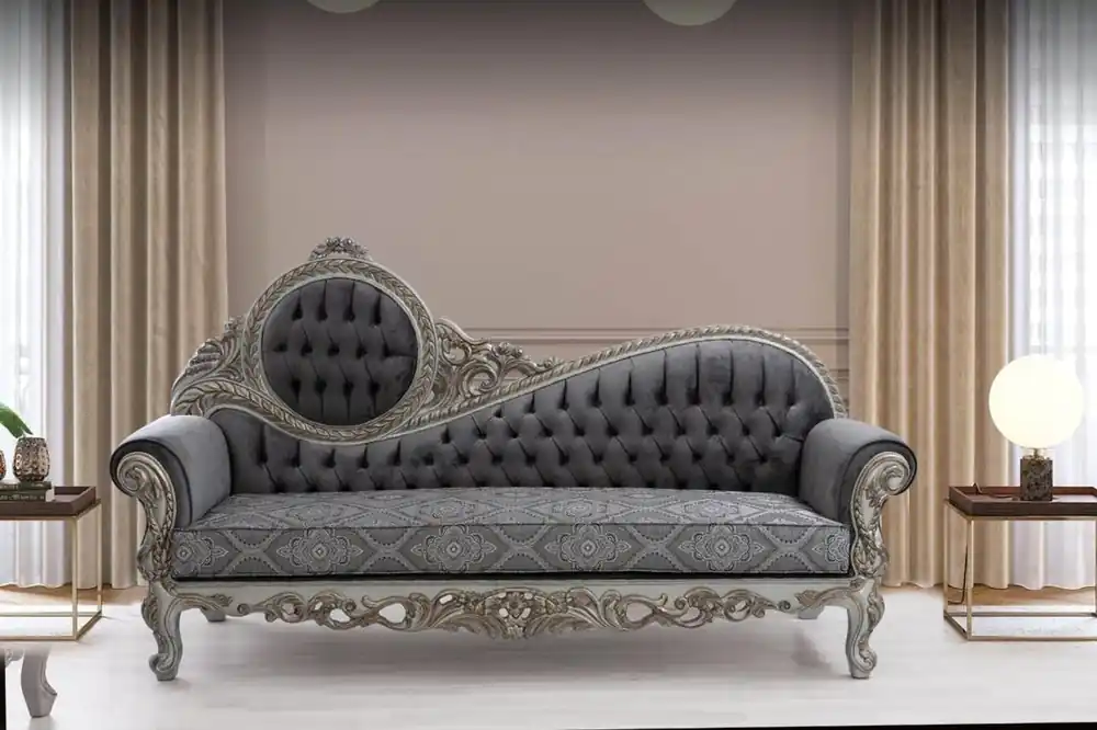 Heißes Angebot Casa Padrino Luxus Barock Sofa Grau / Blau / Silber / Bronze 230 x 90 x H. 135 cm - Prunkvolles Massivholz Wohnzimmer Sofa mit elegantem Muster und dekorativen Kissen - Barock Wohnzimmer Möbel