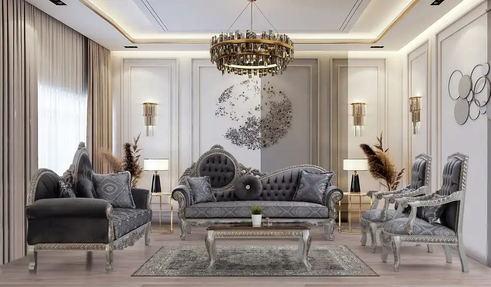 Casa Padrino Luxus Barock Wohnzimmer Set Grau / Blau / Silber / Bronze - 2 Sofas & 2 Sessel & 1 Couchtisch - Prunkvolle Wohnzimmer Möbel im Barockstil Markenware