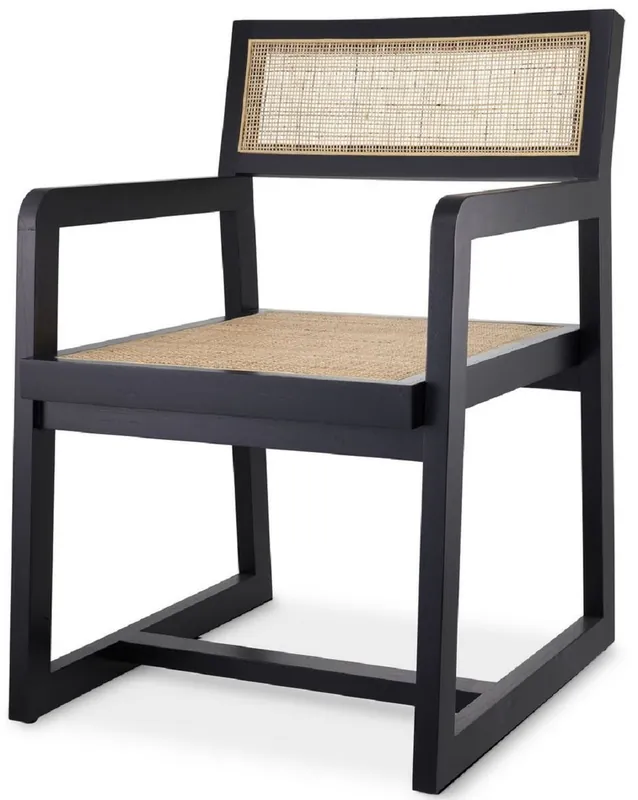 Bestseller Casa Padrino Luxus Esszimmerstuhl Schwarz / Naturfarben 58,5 x 65,5 x H. 89 cm - Massivholz Stuhl mit Armlehnen und handgewebtem Rattangeflecht - Luxus Esszimmer Möbel
