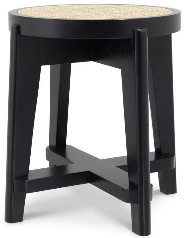 Casa Padrino Luxus Hocker Schwarz / Naturfarben Ø 44,5 x H. 47 cm - Runder Massivholz Sitzhocker mit Rattangeflecht - Wohnzimmer Möbel Highlight