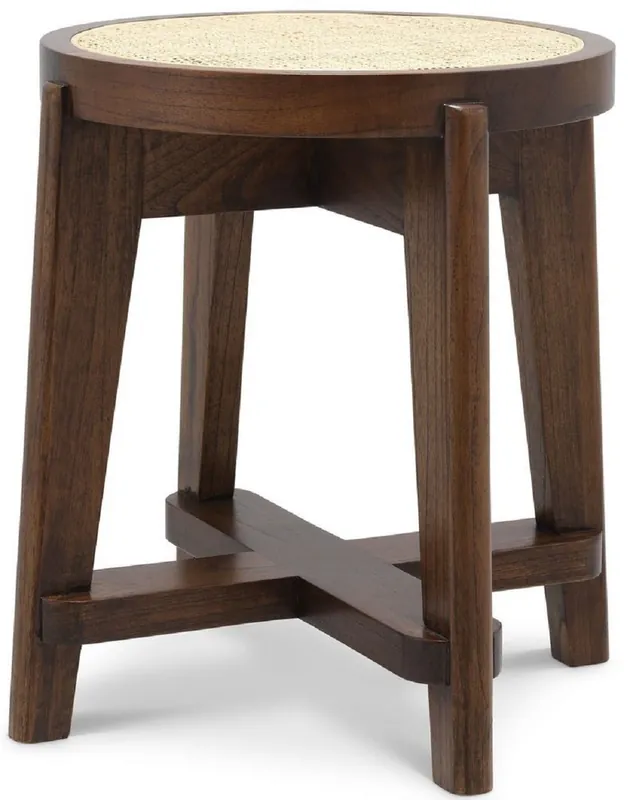 Casa Padrino Luxus Hocker Braun / Naturfarben Ø 44,5 x H. 47 cm - Runder Massivholz Sitzhocker mit Rattangeflecht - Wohnzimmer Möbel Bestseller