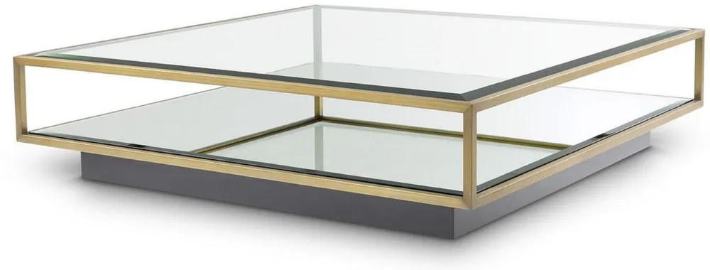 Casa Padrino Luxus Couchtisch Messingfarben / Schwarz 120 x 120 x H. 30 cm - Quadratischer Edelstahl Wohnzimmertisch mit Spiegelglas und Glasplatte - Wohnzimmer Möbel - Luxus Qualität Preiswert