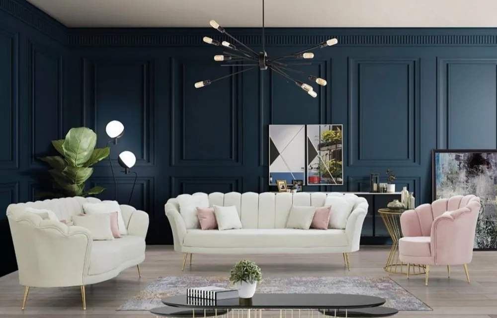 Casa Padrino Designer Art Deco Wohnzimmer Set Creme / Rosa / Gold - 2 Sofas & 2 Sessel - Wohnzimmer Möbel - Art Deco Möbel Bestpreis