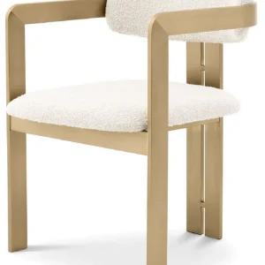 Casa Padrino Luxus Esszimmerstuhl Creme / Messingfarben 57,5 x 58 x H. 79 cm - Edler Küchenstuhl mit Armlehnen - Luxus Esszimmer Möbel Nur Für Kurze Zeit