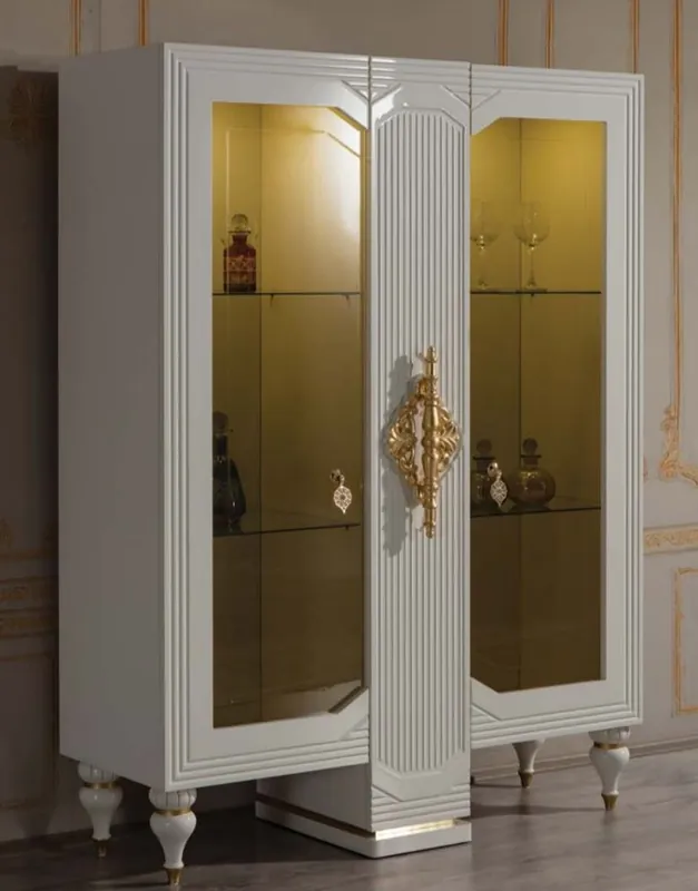 Preisknaller Casa Padrino Luxus Barock Vitrine Weiß / Gold 125 x 49 x H. 169 cm - Beleuchteter Massivholz Vitrinenschrank mit 2 Glastüren - Edle Barock Möbel