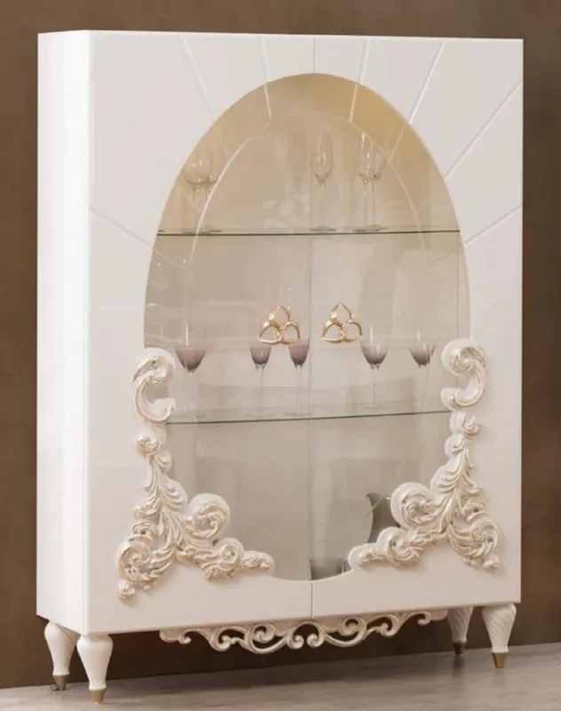 Casa Padrino Luxus Barock Vitrine Weiß / Gold 116 x 46 x H. 170 cm - Beleuchteter Massivholz Vitrinenschrank mit 2 Glastüren - Edle Barock Möbel Zertifiziert
