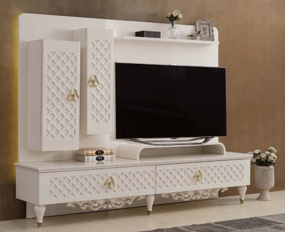 Neuheit Casa Padrino Luxus Barock TV Schrank Weiß / Gold 225 x 51 x H. 170 cm - Massivholz Schrank - Wohnzimmerschrank - Wohnzimmer Möbel im Barockstil