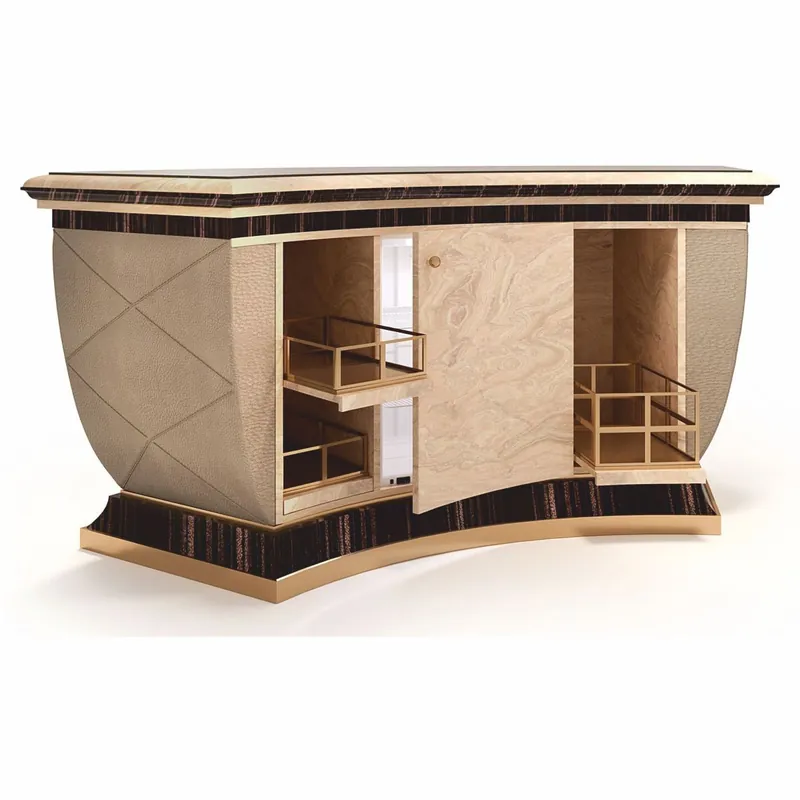Casa Padrino Luxus Bartheke mit Kühlschrank Beige / Schwarz / Gold / Bronze 225 x 102 x H. 98 cm - Handgefertigter Bartisch - Hausbar - Hotel Möbel - Luxus Qualität - Made in Italy Saisonangebot