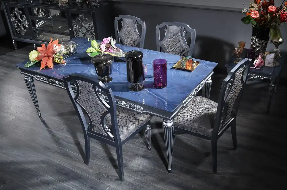 Casa Padrino Luxus Barock Esstisch Blau / Silber 209 x 104 x H. 79 cm - Edler Massivholz Küchentisch mit Glasplatte - Esszimmertisch - Esszimmer Möbel im Barockstil Letzte Chance
