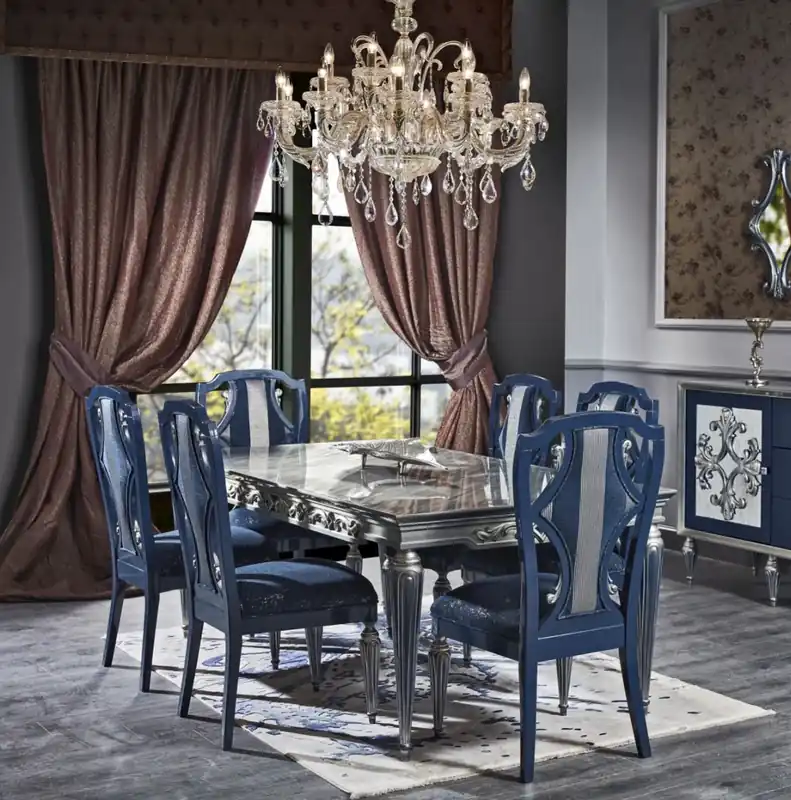 Super-Preis Casa Padrino Luxus Barock Esszimmer Stuhl Set Blau / Silber 54 x 53 x H. 109 cm - Edles Küchen Stühle 6er Set - Barock Esszimmer Möbel