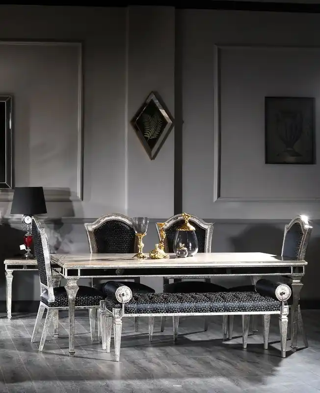 Casa Padrino Luxus Barock Esszimmer Stuhl Set Schwarz / Antik Silber 55 x 58 x H. 115 cm - Edles Küchen Stühle 6er Set - Esszimmer Möbel im Barockstil Günstig