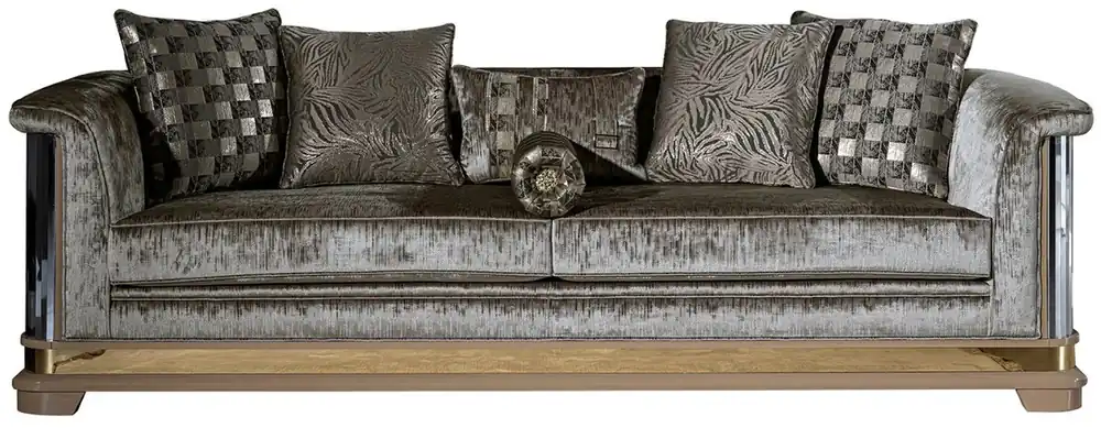 Casa Padrino Luxus Art Deco Sofa Silber / Schwarz / Beige / Gold 249 x 93 x H. 72 cm - Wohnzimmer Sofa mit dekorativen Kissen - Art Deco Wohnzimmer Möbel Schneller Versand