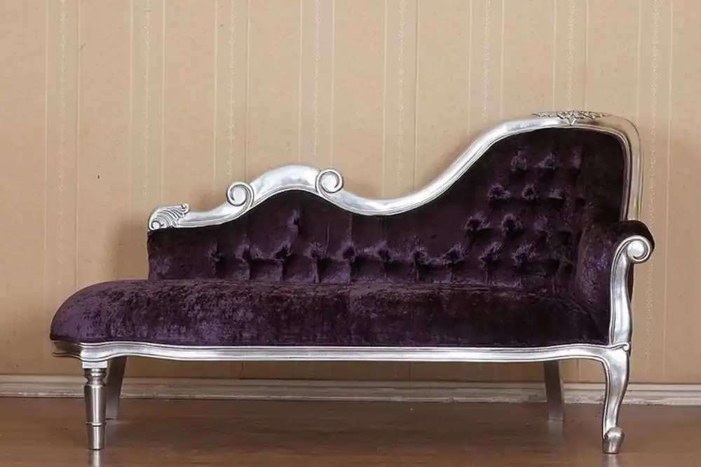 Highlight Casa Padrino Barock Chaiselongue Lila / Silber 150 x 78 x H. 90 cm - Mahagoni Chaiselongue mit edlem Samtstoff - Barock Möbel