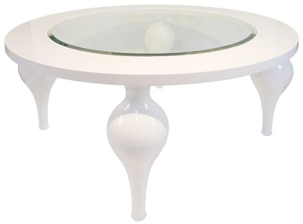 Preisknaller Casa Padrino Neoklassik Couchtisch Hochglanz Weiß Ø 110 x H. 40 cm - Massivholz Küchentisch mit Glasplatte - Wohnzimmer Möbel im Neoklassischem Stil