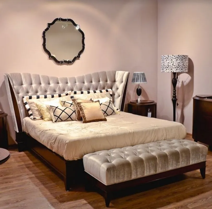 Casa Padrino Neoklassisches Doppelbett Grau / Dunkelbraun 240 x 230 x H. 134 cm - Massivholz Bett mit Kopfteil und edlem Velourstoff - Schlafzimmer Möbel im Neoklassischem Stil Highlight