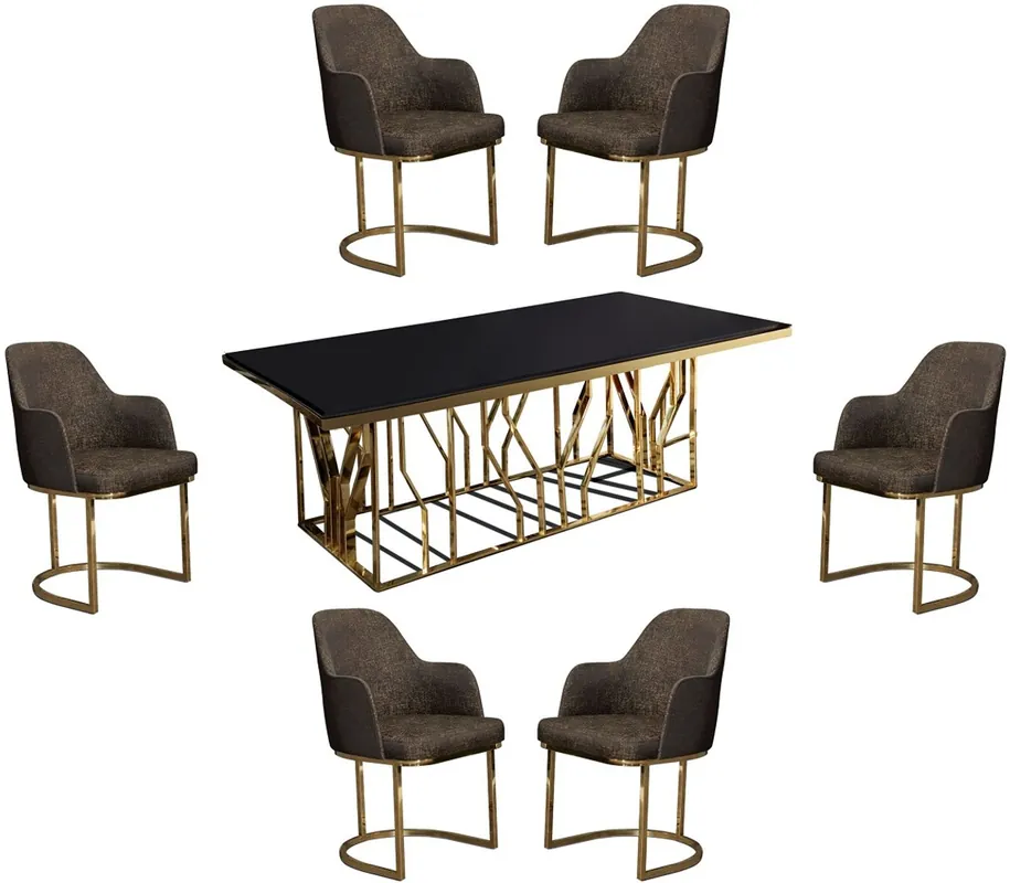 Direktkauf Casa Padrino Luxus Esszimmer Möbel Set Grau / Gold / Schwarz - 1 Esstisch & 6 Esszimmerstühle - Luxus Esszimmer Möbel