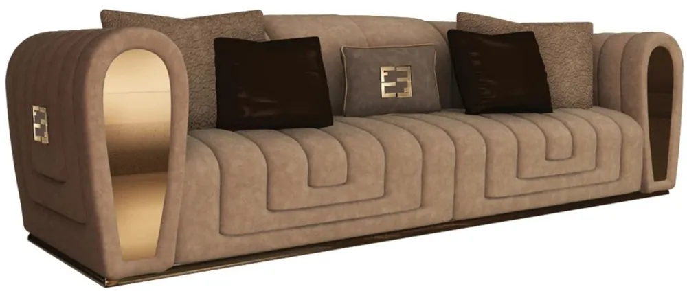 Casa Padrino Luxus Wildleder Sofa mit dekorativen Kissen Taupefarben / Gold 260 x 100 x H. 76 cm - Hotel Möbel - Luxus Qualität - Made in Italy Solange Der Vorrat Reicht