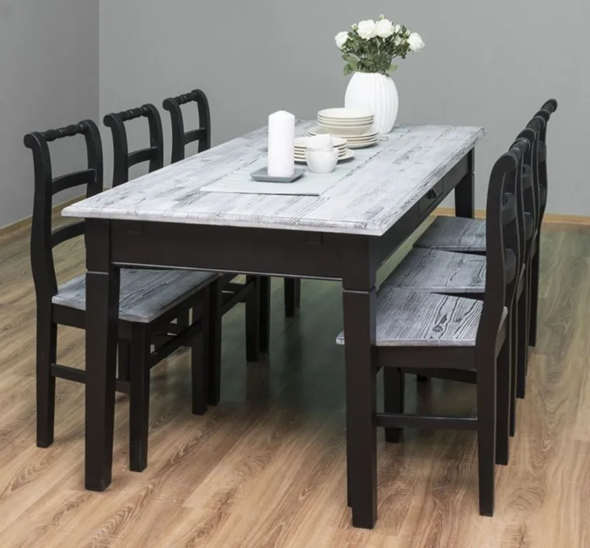 Casa Padrino Landhausstil Esszimmer Möbel Set Antik Weiß / Schwarz - 1 Esstisch & 6 Esszimmerstühle - Massivholz Esszimmer Möbel - Landhausstil Möbel Jetzt Bestellen