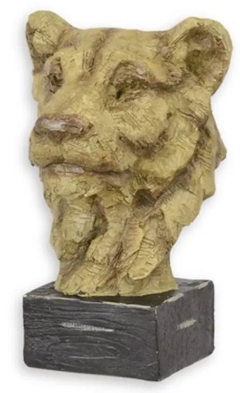 Abverkauf Casa Padrino Kunstharz Deko Skulptur Löwenkopf Beige / Schwarz 22,1 x 20,9 x H. 32,4 cm - Dekofigur - Schreibtisch Deko - Wohnzimmer Deko