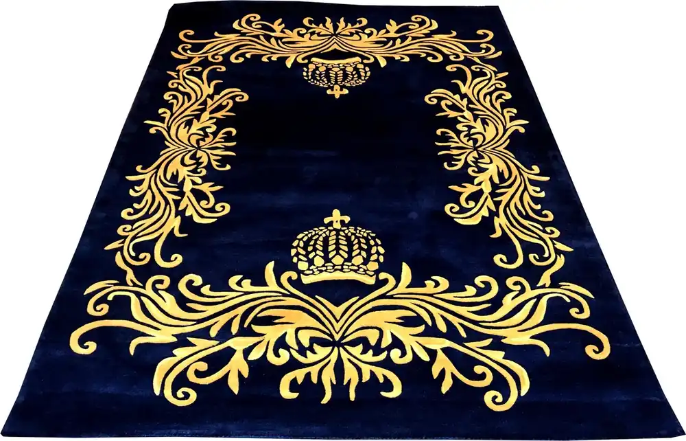 Neu Pompöös by Casa Padrino Luxus Teppich von Harald Glööckler 160 x 230 cm Krone Royalblau / Gold - Barock Design Teppich - Handgewebt aus Wolle