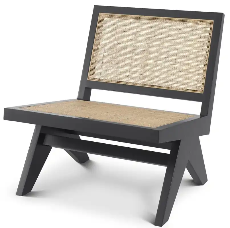 Neue Ware Casa Padrino Luxus Wohnzimmer Sessel Schwarz / Naturfarben 69,5 x 74 x H. 76 cm - Massivholz Sessel mit Rattangeflecht - Luxus Möbel