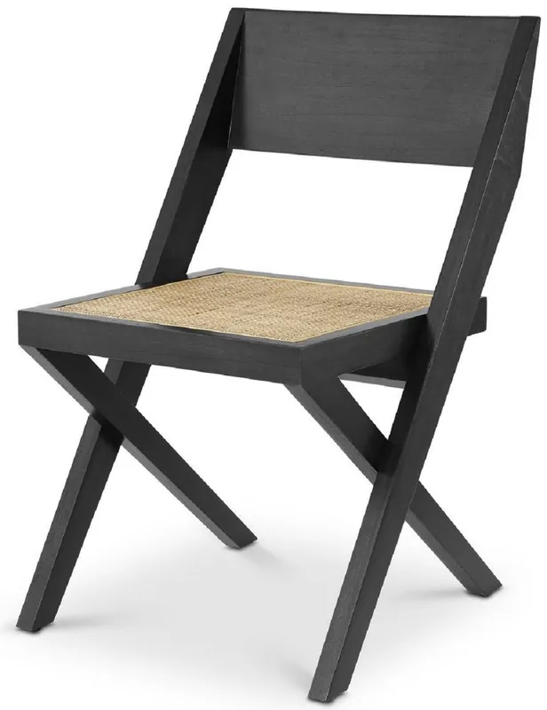 Casa Padrino Luxus Esszimmerstuhl Schwarz / Naturfarben 53 x 56 x H. 85 cm - Massivholz Stuhl mit Rattangeflecht - Luxus Esszimmer Möbel Rabatt